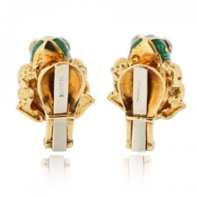 David Webb David Webb Frog 18K Yellow Gold Green Enamel Clip On Earrings