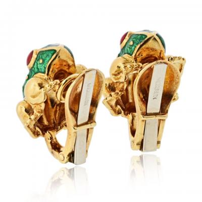David Webb David Webb Frog 18K Yellow Gold Green Enamel Clip On Earrings