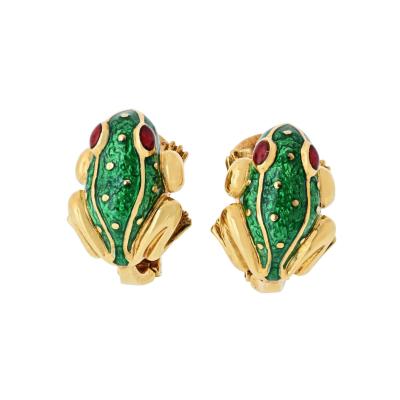 David Webb David Webb Frog 18K Yellow Gold Green Enamel Clip On Earrings