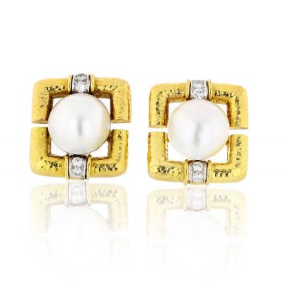 David Webb David Webb Hammered Finish Pearl And Diamond Clip On Earrings