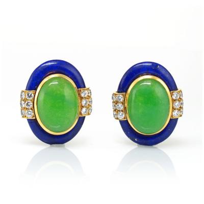 David Webb David Webb Lapis Jadeite and Diamond Clip On Earrings