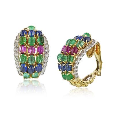 David Webb David Webb Multicolor Emeralds Ruby Sapphire Diamonds Earrings