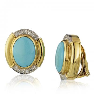 David Webb David Webb Oval Shaped Blue Turquoise Diamond Clip On Earrings