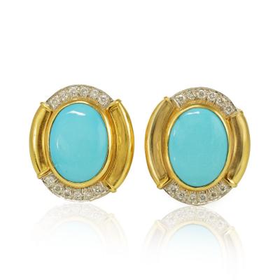 David Webb David Webb Oval Shaped Blue Turquoise Diamond Clip On Earrings
