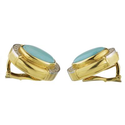David Webb David Webb Oval Shaped Blue Turquoise Diamond Clip On Earrings