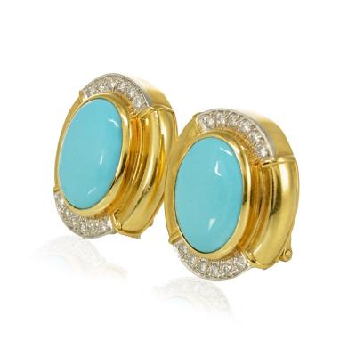 David Webb David Webb Oval Shaped Blue Turquoise Diamond Clip On Earrings