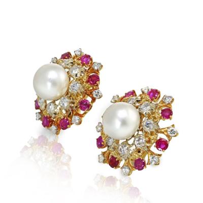 David Webb David Webb Pearl Diamond Ruby Earrings