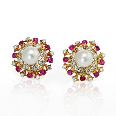 David Webb David Webb Pearl Diamond Ruby Earrings