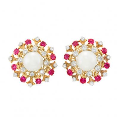 David Webb David Webb Pearl Diamond Ruby Earrings