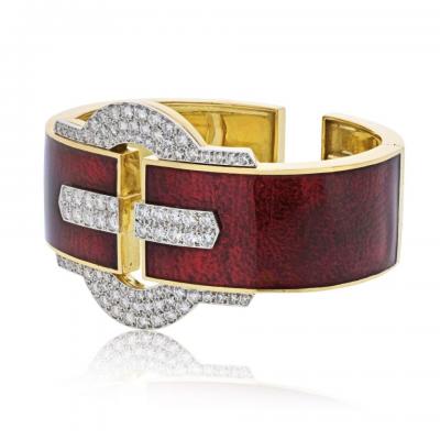 David Webb David Webb Platinum 18K YG Buckle Cuff Red Enamel Diamond Bangle Bracelet