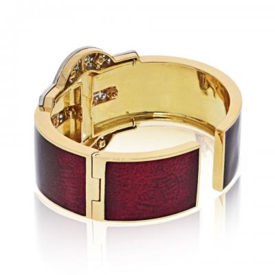 David Webb David Webb Platinum 18K YG Buckle Cuff Red Enamel Diamond Bangle Bracelet