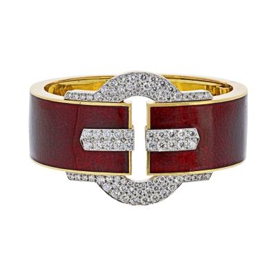 David Webb David Webb Platinum 18K YG Buckle Cuff Red Enamel Diamond Bangle Bracelet