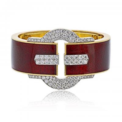 David Webb David Webb Platinum 18K YG Buckle Cuff Red Enamel Diamond Bangle Bracelet