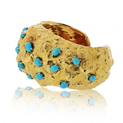 David Webb David Webb Platinum 18K YG Hammered Turquoise Cabochon Cut Cuff Bracelet