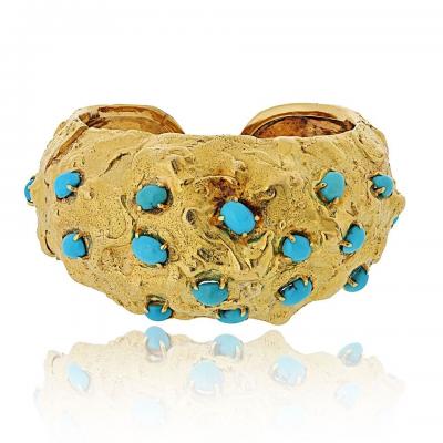 David Webb David Webb Platinum 18K YG Hammered Turquoise Cabochon Cut Cuff Bracelet