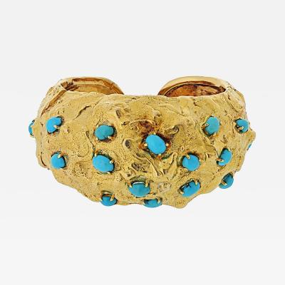 David Webb David Webb Platinum 18K YG Hammered Turquoise Cabochon Cut Cuff Bracelet