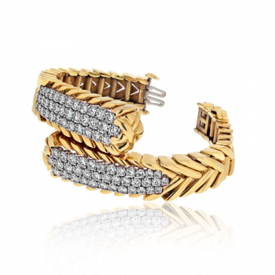 David Webb David Webb Platinum 18K Yellow Gold 8 75cttw Round Diamond Crossover Bracelet