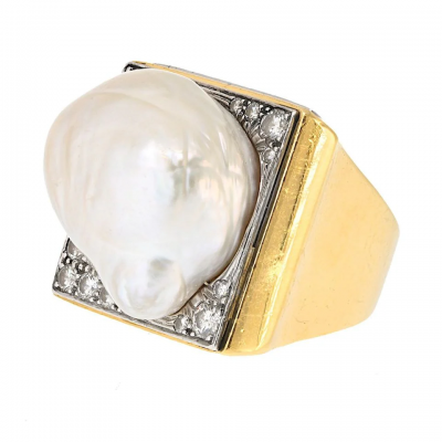David Webb David Webb Platinum 18K Yellow Gold Baroque Pearl Diamond Ring
