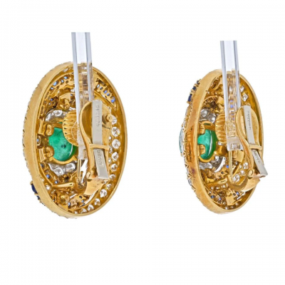 David Webb David Webb Platinum 18K Yellow Gold Bombe Highly Decorated Emerald Earrings