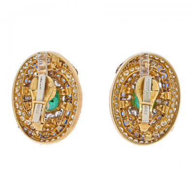 David Webb David Webb Platinum 18K Yellow Gold Bombe Highly Decorated Emerald Earrings