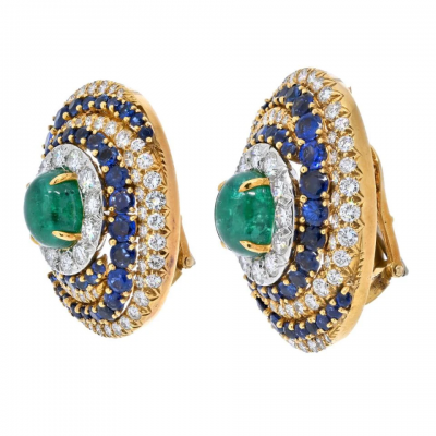 David Webb David Webb Platinum 18K Yellow Gold Bombe Highly Decorated Emerald Earrings