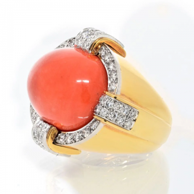 David Webb David Webb Platinum 18K Yellow Gold Coral And Diamond Cocktail Ring