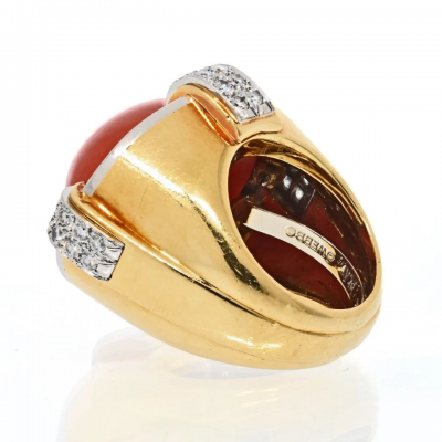 David Webb David Webb Platinum 18K Yellow Gold Coral And Diamond Cocktail Ring