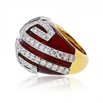 David Webb David Webb Platinum 18K Yellow Gold Diamond And Red Enamel Cocktail Ring