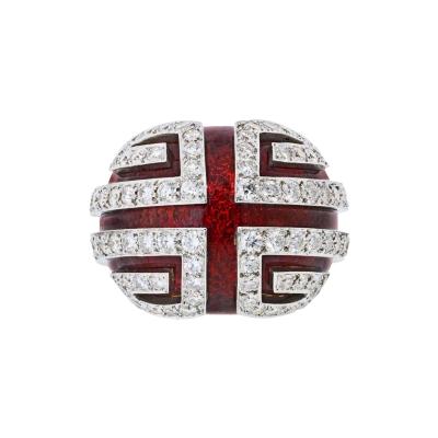 David Webb David Webb Platinum 18K Yellow Gold Diamond And Red Enamel Cocktail Ring