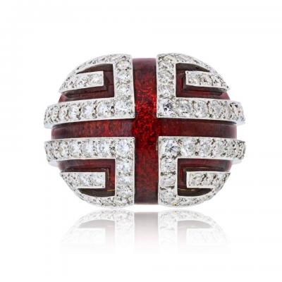 David Webb David Webb Platinum 18K Yellow Gold Diamond And Red Enamel Cocktail Ring