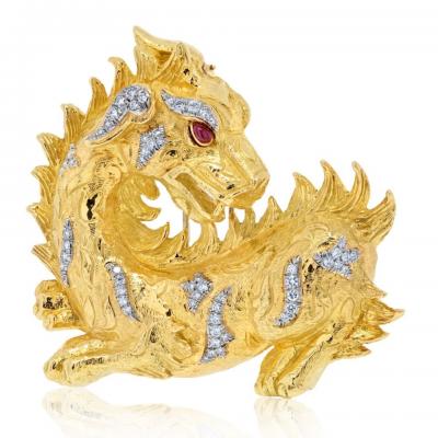 David Webb David Webb Platinum 18K Yellow Gold Dragon Diamond And Ruby Brooch