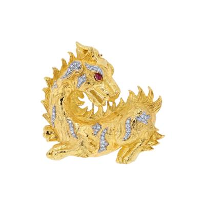 David Webb David Webb Platinum 18K Yellow Gold Dragon Diamond And Ruby Brooch