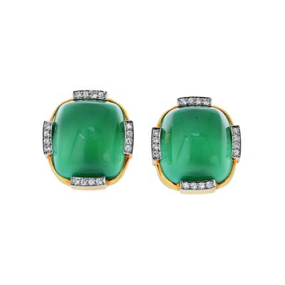 David Webb David Webb Platinum 18K Yellow Gold Green Chrysoprase Diamond Earrings