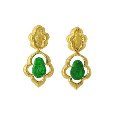 David Webb David Webb Platinum 18K Yellow Gold Jade Textured Drop Earrings