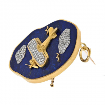 David Webb David Webb Platinum 18K Yellow Gold Lapis And Diamond Airplane Brooch