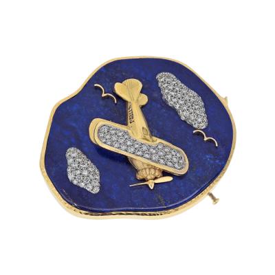 David Webb David Webb Platinum 18K Yellow Gold Lapis And Diamond Airplane Brooch