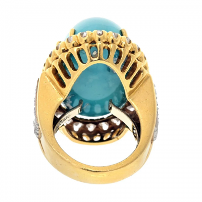 David Webb David Webb Platinum 18K Yellow Gold Large Oval Turquoise And Diamond Ring