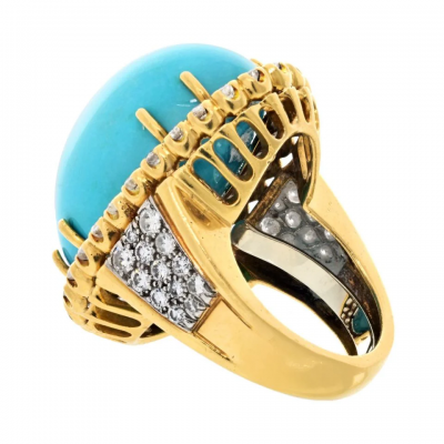 David Webb David Webb Platinum 18K Yellow Gold Large Oval Turquoise And Diamond Ring