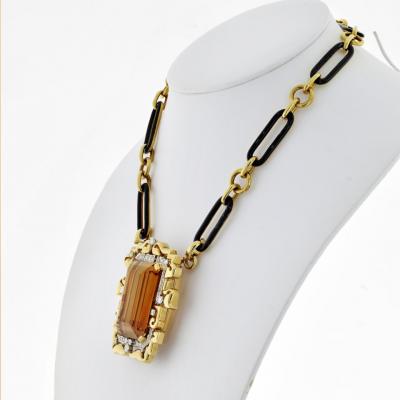 David Webb David Webb Platinum 18K Yellow Gold Large Topaz And Diamond Pendant