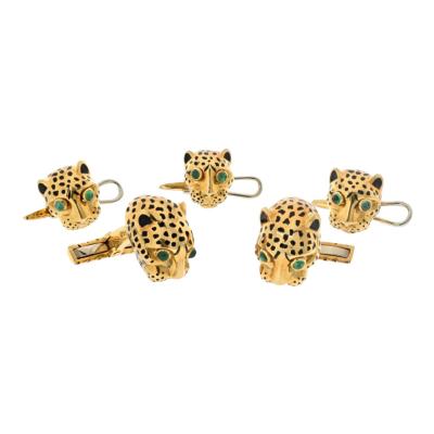 David Webb David Webb Platinum 18K Yellow Gold Leopard Enamel Stud Set Cuff Links