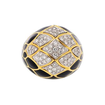 David Webb David Webb Platinum 18K Yellow Gold Pave Set Diamonds and Black Enamel Ring