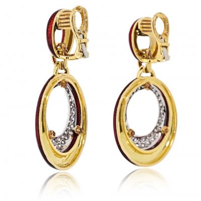 David Webb David Webb Platinum 18K Yellow Gold Red Enamel Diamond Earrings