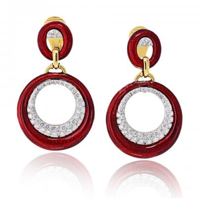 David Webb David Webb Platinum 18K Yellow Gold Red Enamel Diamond Earrings