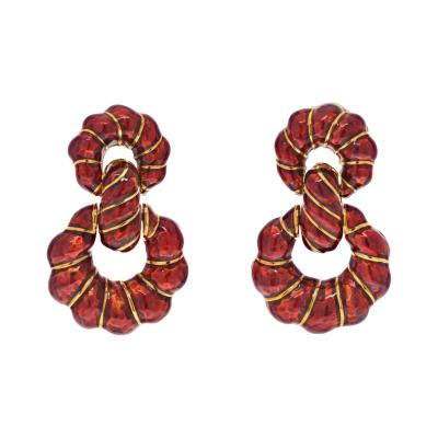 David Webb David Webb Platinum 18K Yellow Gold Red Enamel Door Knockers Earrings