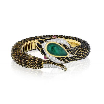 David Webb David Webb Snake Green Emerald Cabochon Bracelet
