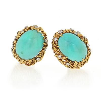 David Webb David Webb Turquoise And Diamond Oval Clip On Earrings