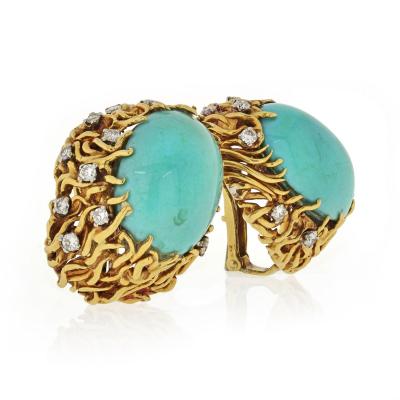 David Webb David Webb Turquoise And Diamond Oval Clip On Earrings