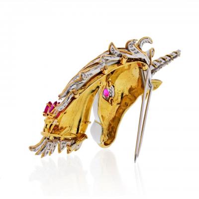 David Webb David Webb Unicorn 18K Yellow Gold White Enamel Diamonds And Rubies Brooch