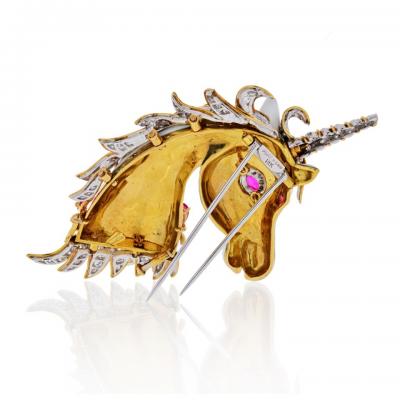 David Webb David Webb Unicorn 18K Yellow Gold White Enamel Diamonds And Rubies Brooch