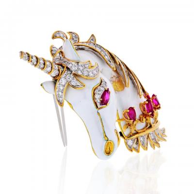 David Webb David Webb Unicorn 18K Yellow Gold White Enamel Diamonds And Rubies Brooch